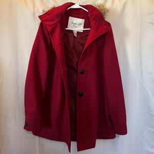 American Rag Red Pea Coat with Faux Fur Hood